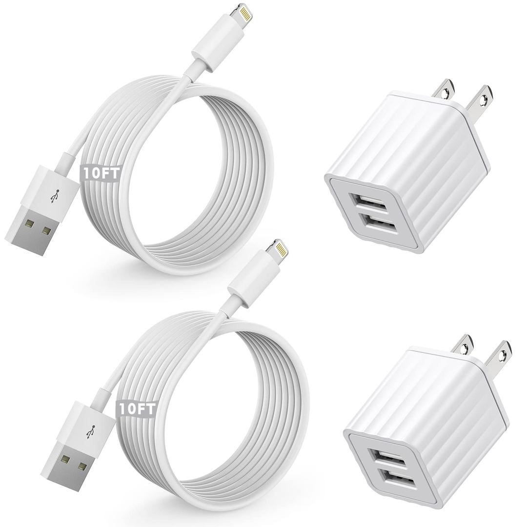 iPhone Fast Charger,2Pack Dual Port Wall Charger with Fast Charging 6.6FT Long Nylon Braided USB to Lightning Cable Cord Double Wall Charger Adapter Block Plug for iPhone 14 13 12 Pro Max 11 SE iPad (10FT, White)