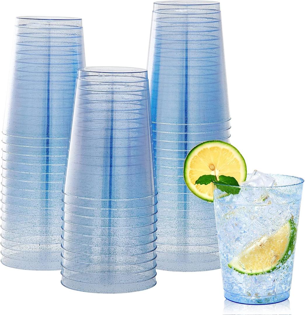 JOLLY CHEF 100 Pack 10 oz Blue Plastic Cups, Blue Disposable Tumblers, Elegant Glitter Party Drinking Cups Perfect for Wedding, Thanksgiving Day, Christmas Halloween