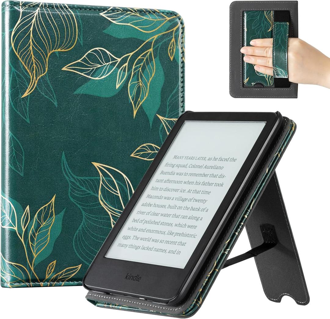 CoBak Case with Stand for 6" Kindle (2024 & 2022, 11th Gen)  PU Leather Smart Cover with Auto Sleep/Wake & Hand Strap, Premium Protective Case for Kindle Basic,Green Pattern