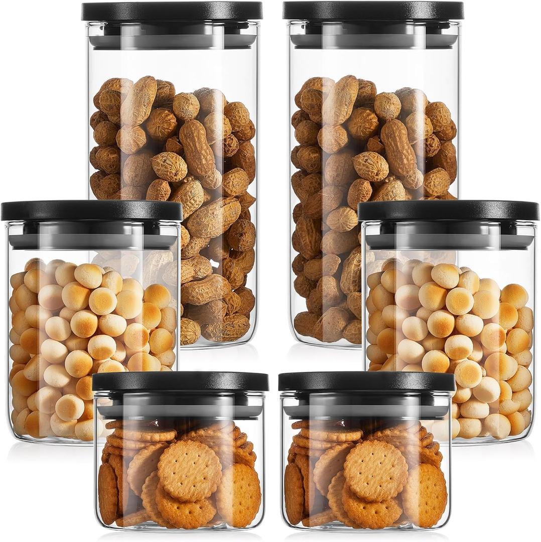 Rtteri 6 Pcs Glass Jars with Black Lids 15oz 27oz 41oz Canisters with Black Airtight Lids Stackable Glass Food Storage Containers Pantry Storage Jars PP Material Airtight