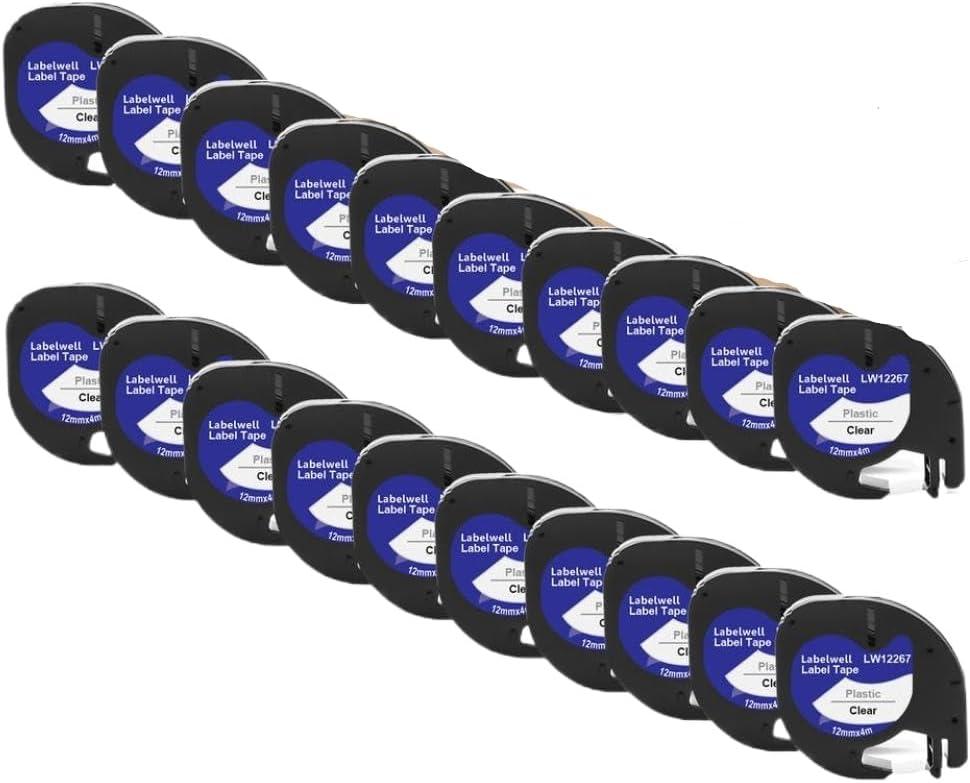 20PK Plastic Label Tapes Compatible with LT-100H Printer Supplies for Part Number 91201 EVA LT100H(Black on Clear)