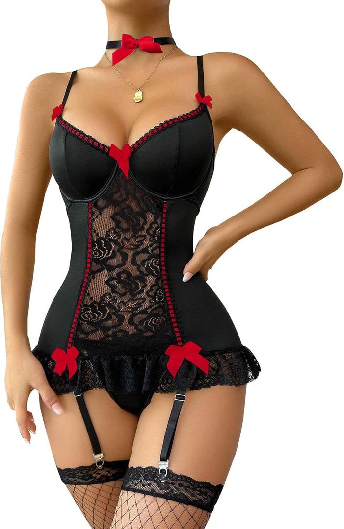 Lilosy Sexy Stocking Garter Belt Bows Floral Lace Babydoll Corset Push Up Teddy Lingerie Set with Panty (XX-Large, Black and Red)