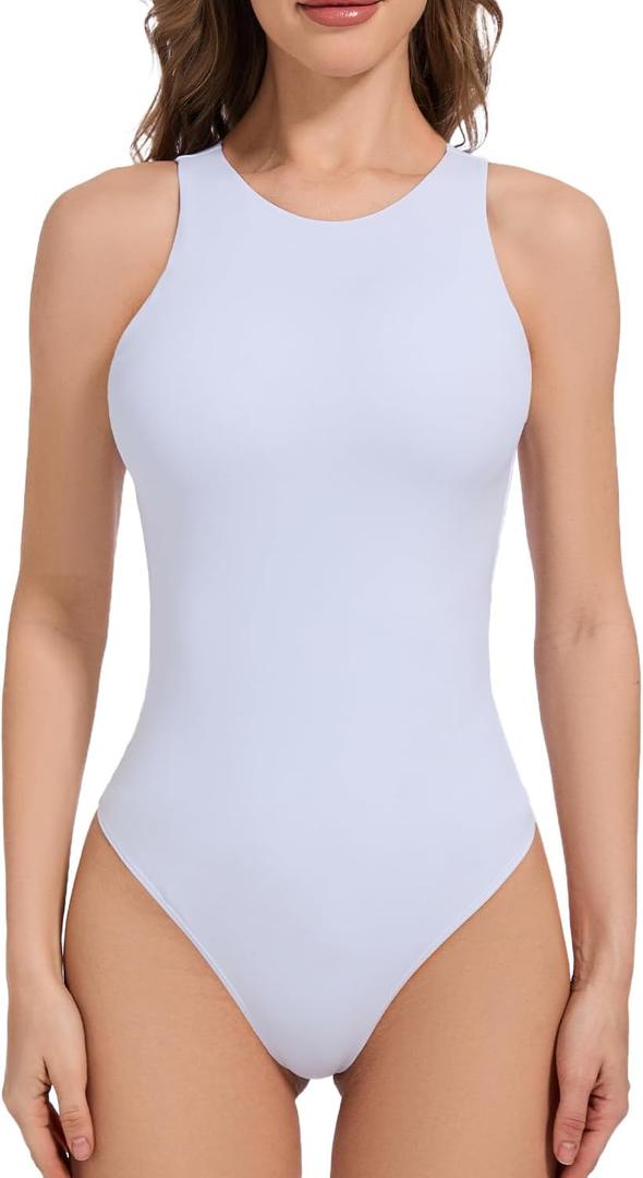 Women's Sleeveless Crew Neck Bodysuit Top Sexy Slim Summer Stretch Tank Top (White, XXL)