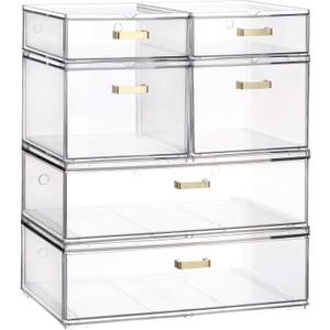 Stackable Storage Drawers, 6 Pack Clear Acrylic Organizer Bins with Golden Handles, Multi-Size Plastic Drawers for Makeup, Vanity, Kitchen, Bathroom, Office, Under Sink & Cabinet Organizatio