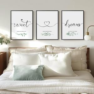 Framed 3 Piece Wall Art Bedroom, Sweet Dreams Signs Pictures Wall Decor Above Bed, Modern Minimalist Master Guest Room Wall Decor, Painting Print Script White Canvas Artwork for Walls, 12x16 Inch (Black and White)