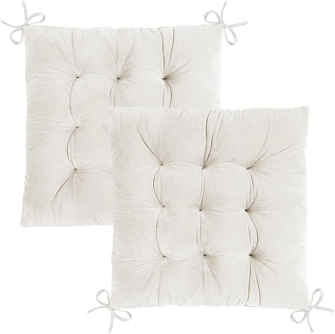 2 Pack Square Seat Cushions - Velvet & Slow-Rebound Foam Chair Pads Chair Pillow Cushion with Anti-Slip Ties for Kitchen, Dining, Office Chairs, Tatami (16"x16", Ivory)