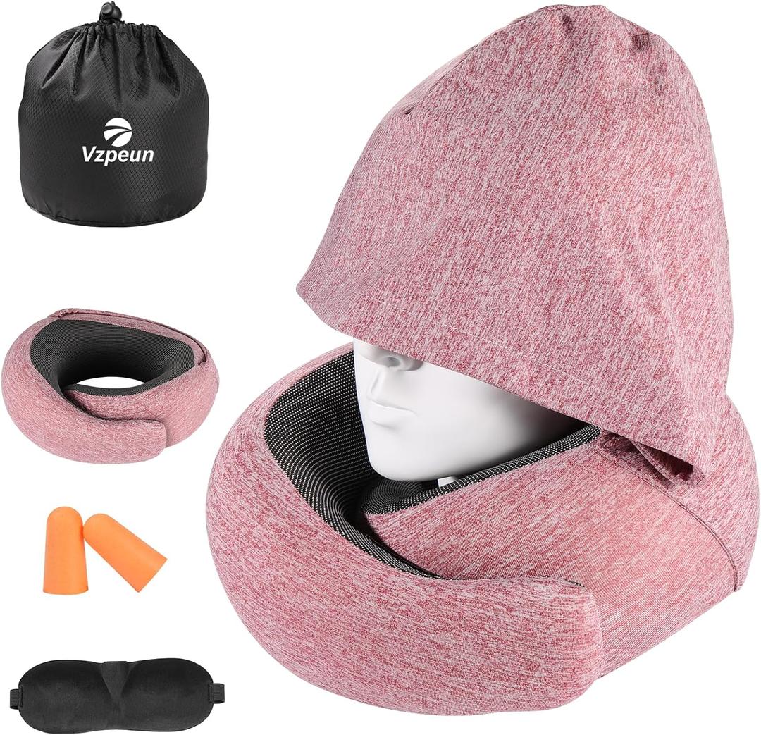 Travel Pillow - Hooded Neck Pillow Airplane Memory Foam Filling for Plane, Cars Sleeping, Road Trip, Long Flights, Portable Plane Accessories, Includes Eye Mask & Earplugs (Red)