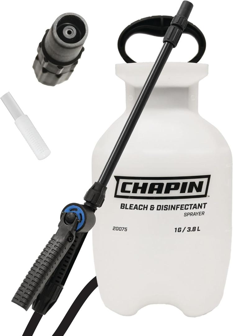 Chapin 20075 Bleach Pump Sprayer, 1Gallon, Lawn & Garden, BleachResistant Poly Tank, FunnelTop, AntiClog Filter, Adjustable Cone Nozzle, 40" Hose for Cleaning, Mold & Disinfecting Applications
