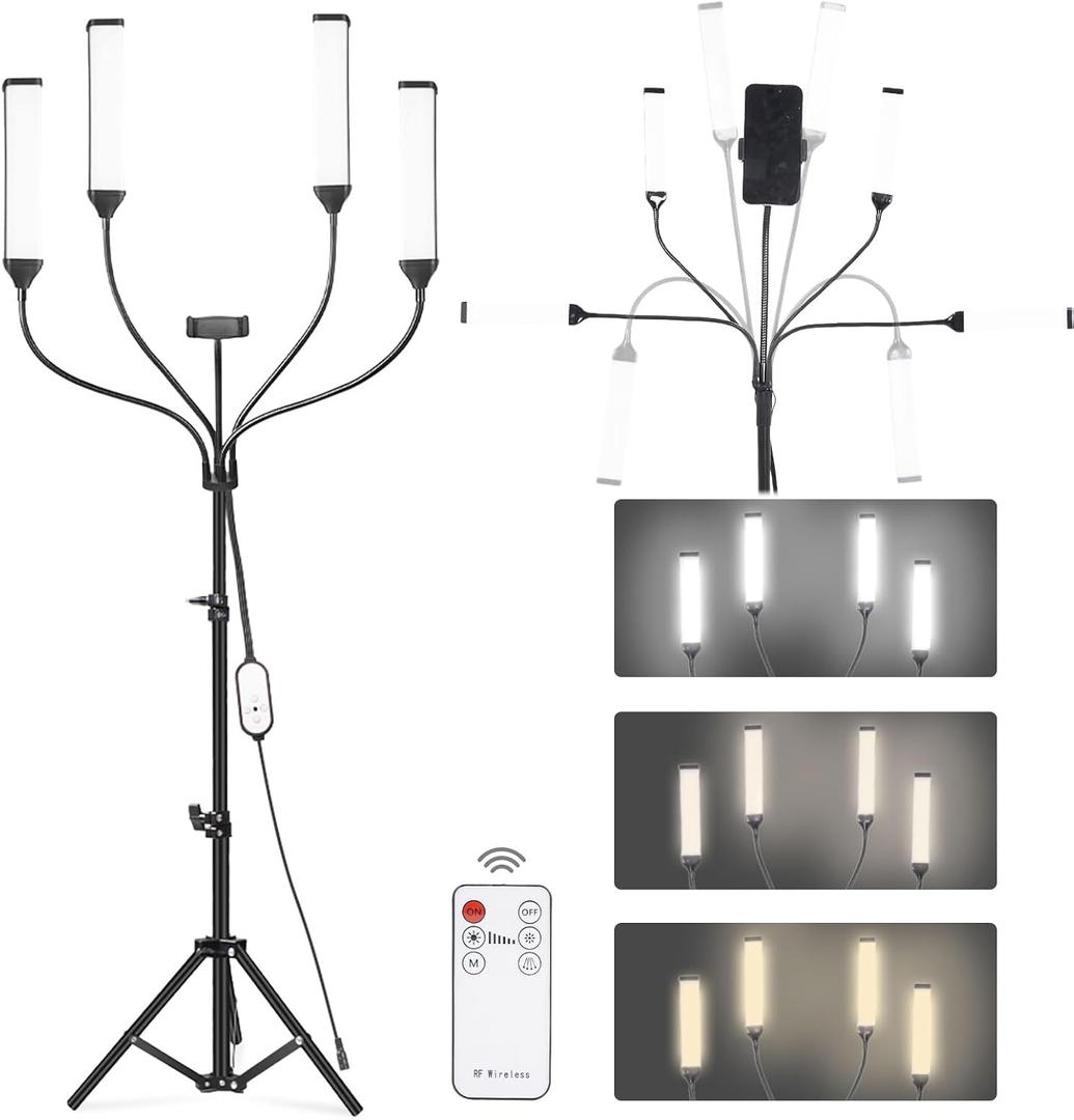 LED Video Light Kit with Four-arms, Studio Light for Video Recording Photography Lighting Kit, Dimmable LED Floor Light for Lash Techs, Estheticians & Tattoo Artists with Tripod Stand&Phone Holder