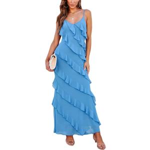 Women Summer Elegant Sling Midi Ruched Bodycon Dress Solid Color Backless Slim Party Cocktail Dresses (Blue, L)