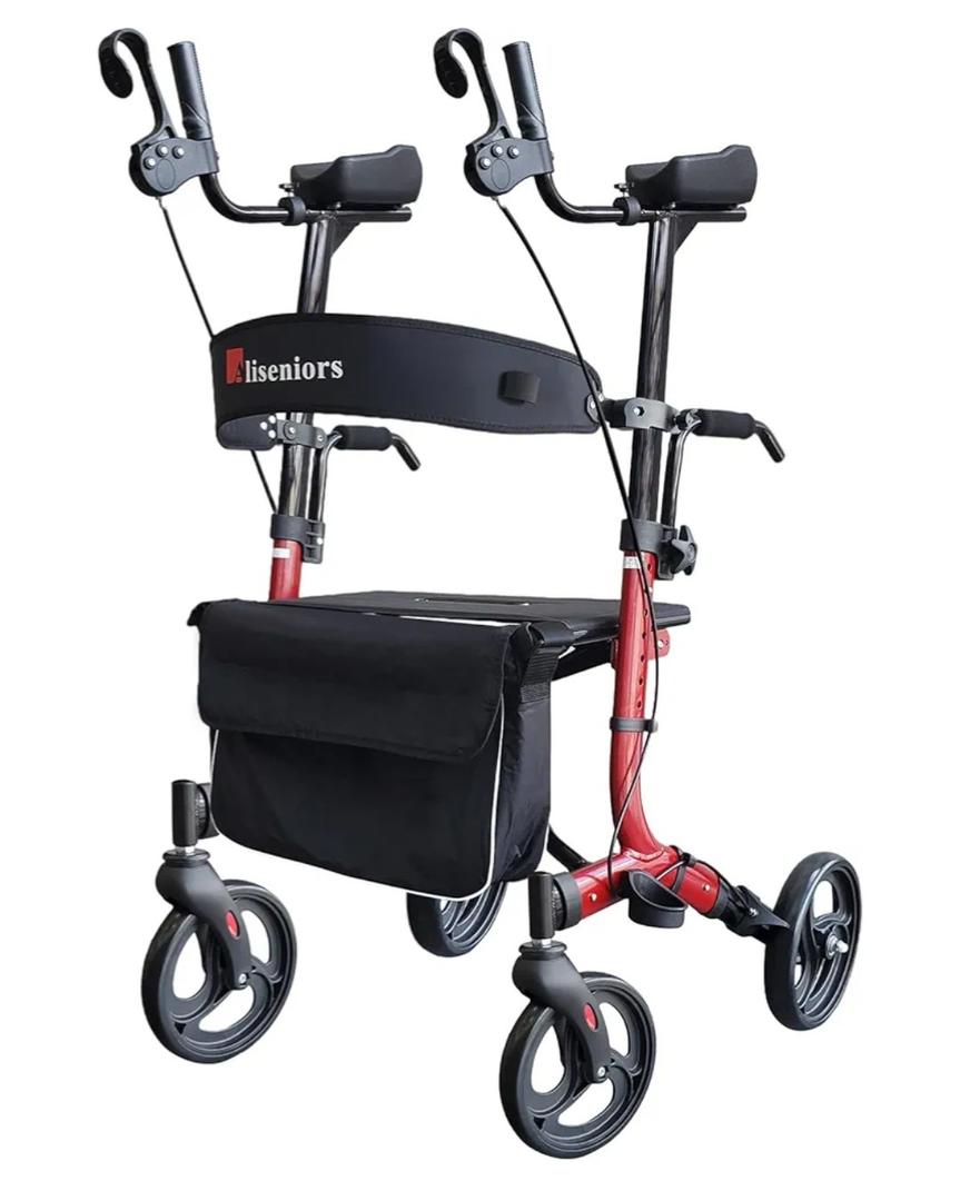 Aliseniors Upright Walker for Seniors - Big Stand Up Walker with Wide Seat, Foldable 4 Wheel All-Terrain Rolling Walker, Adjustable Armrests, 300lbs, Improves Posture & Reduces Back Strain