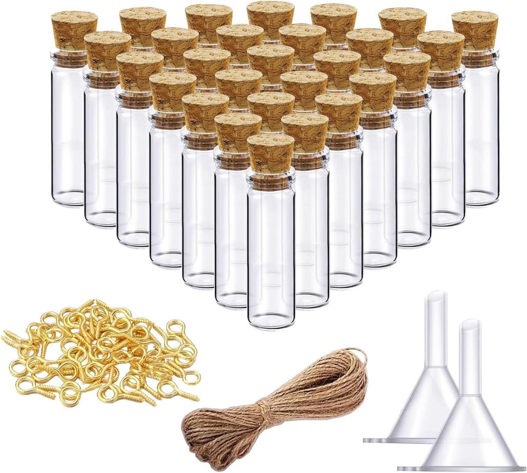 Sxminer 100 Pieces 2ml Mini Glass Bottles with Cork Stoppers Small Tiny Cork Glass Bottles Jars Vials with 20 Meters Twines Eye Screws Small Funnel for Decoration Art Crafts DIY Projects Party Favors