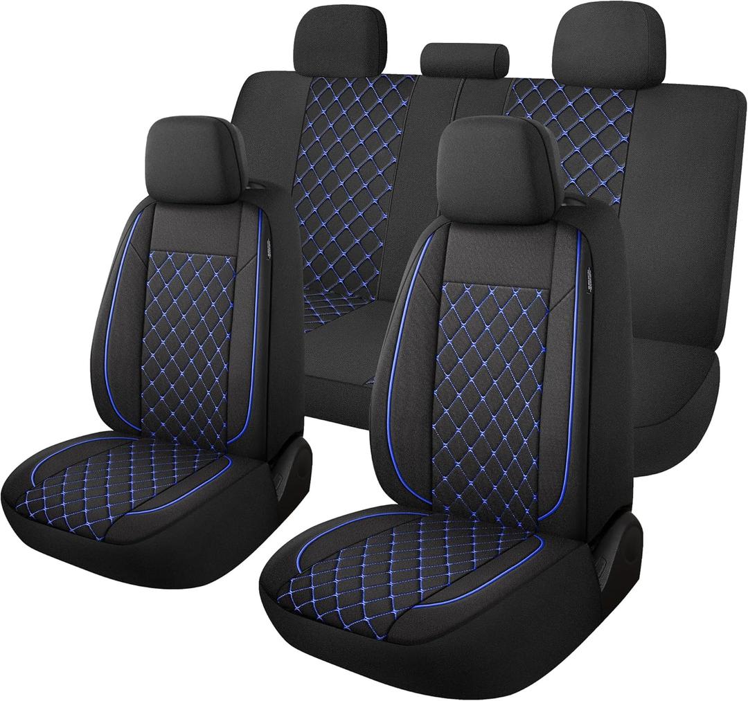 YGL Breathable Car Seat Covers Full Set, Washable Seat Covers for Cars, Premium Cloth Car Seat Protectors, Interior Covers for Cars, Sedan Van Truck SUV(Black/Blue)