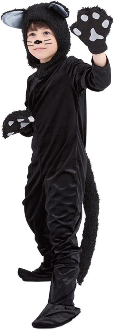 Black Cat Animal Costume Girls, Kids Black Cat Halloween Cosplay Dress up Jumpsuit Costume For Girls Boys. size L