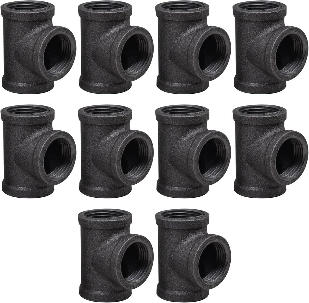 DSDS 10 PACK 3/4" Tee,Rustic Industrial Black Malleable Iron Pipe Tee for Pipe Shelf Furniture Home Decor (0.75 Inch)