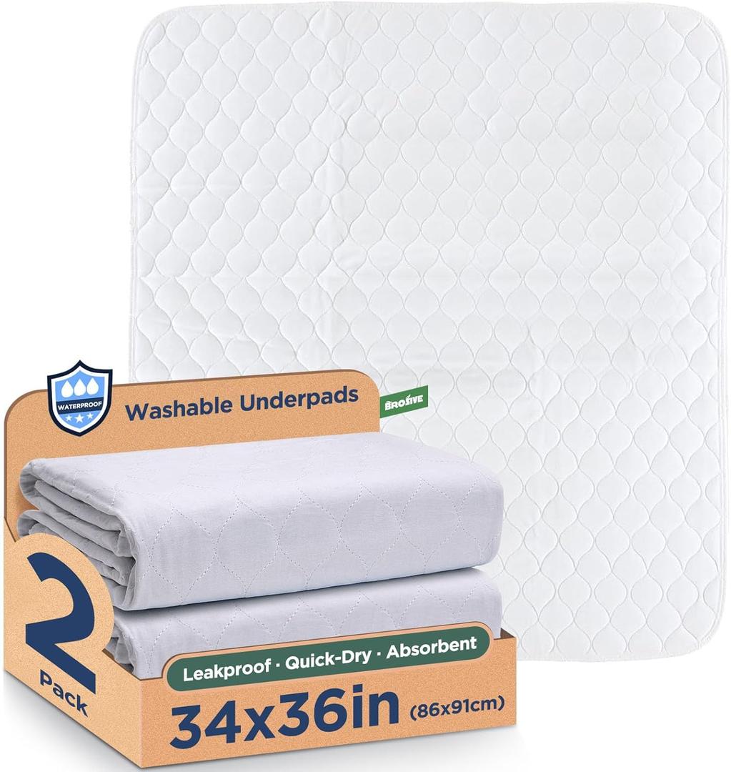 Waterproof Reusable Incontinence Bed Pads Washable Incontinence Underpads 8 Cups Absorbency,Mattress Protector for Adults, Kids and Pets(34x 36 inch 2 Pack) (White)