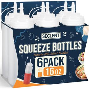 16 oz Condiment Squeeze Bottles, Squirt Bottles for Sauces, Ketchup, Plastic Squeeze Bottle for Liquids, Leak Proof, Dressing Bottle for Syrup, Pancake Batter, oil, Arts and Crafts, Pack of 6