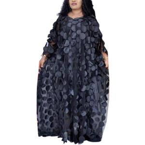 HD Afircan Women Applique Flower Dress Boat Neck Caftan Chiffon Gown One Size (Black)