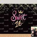Gold Glitter Sweet Sixteen 16 Photo Backdrop Pink and Black Girls Princess 16th Birthday Party Photography Background Sweet Sixteen Photo Studio Props Cake Table Decor 5x3ft