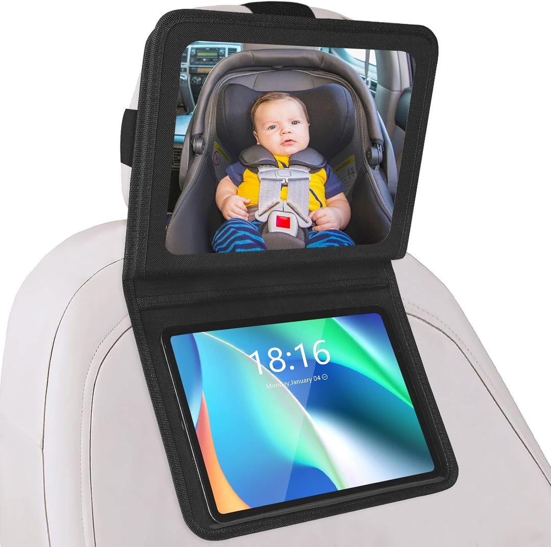 Baby Car Mirror with Adjustable Tablet Holder, Road Trip Essentials for Kids, Backseat Mirror to See Rear Facing Infant, Ipad Case for Car Headrest
