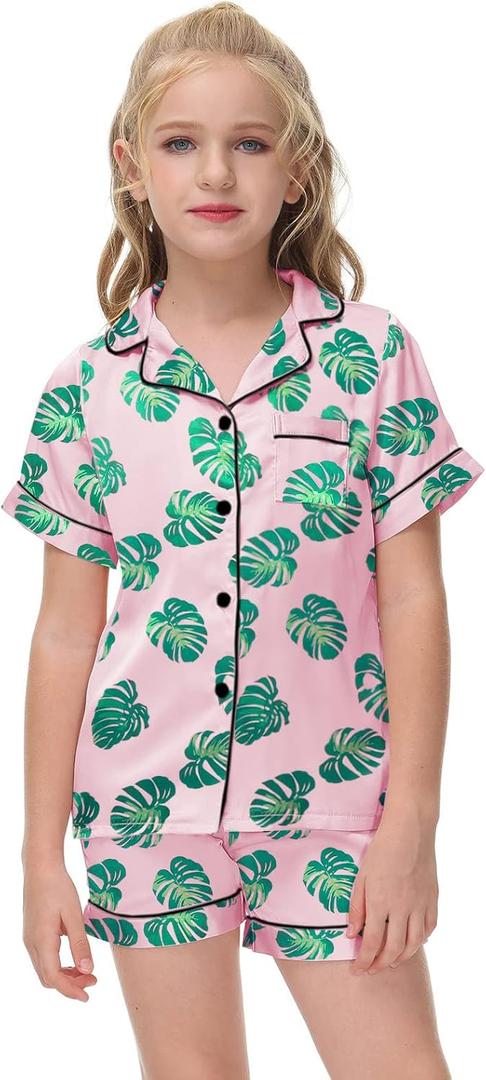 Veseacky Girls Silk Pajamas Boys Baby Button Down Hawaiian Flower Pajama Set Short Sleeve Pjs Summer Lounge Sets Sleepwear (Green leaf,6y 7y)