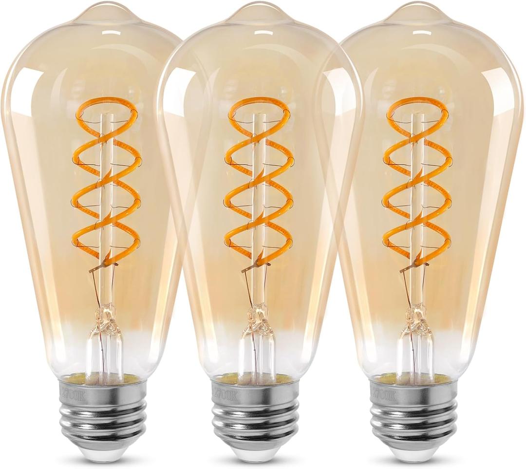 ST64 LED E26 Vintage Edison Light Bulbs, Light Amber Glass, Dimmable, 4W(40W Equivalent) 300 Lumin, 2500K Warm White, Spiral Filaments Design, Antique Style, 25000 Hrs, 3-Pack