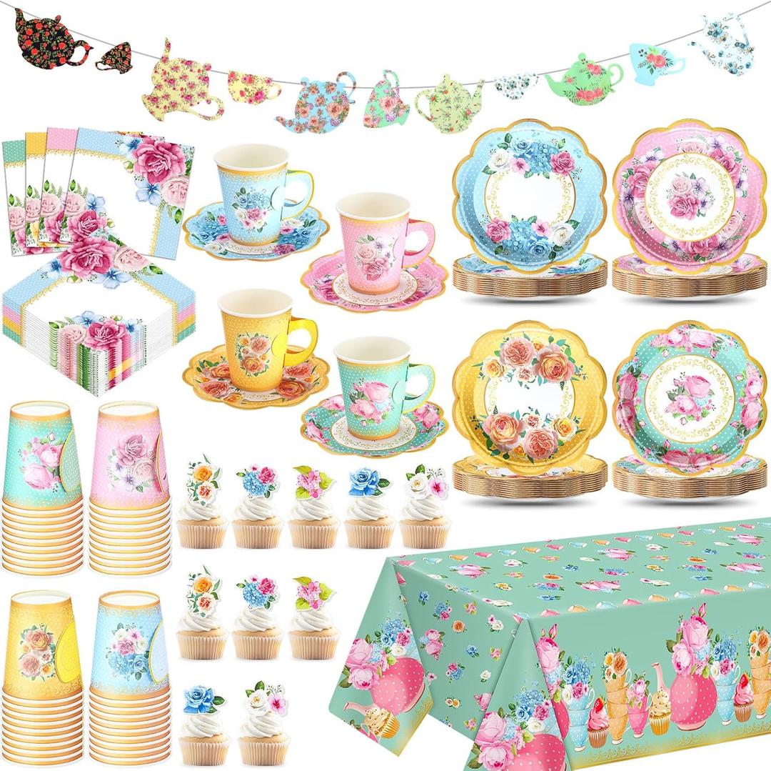162 Pcs Floral Paper Tea Party Supplies Disposable 9 oz Tea Cup with Handle Flower Plates Napkin Cupcake Topper Decoration Banner Plastic Tablecloth for Birthday Wedding Bridal Baby Shower
