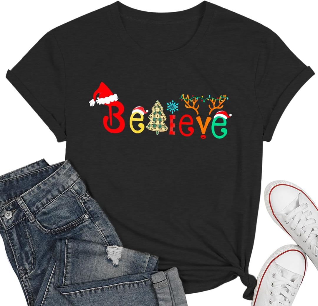 Believe Christmas Shirts for Women Christmas Tree T-Shirt Believe Letter Graphic Tees Tops (Large)