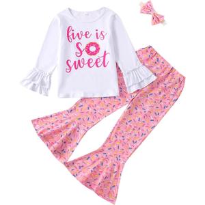 Toddler Baby Girl Birthday Outfit Sweet Long Sleeve T-Shirt Doughnut Bell-Bottoms Pants Headband Clothes Set
