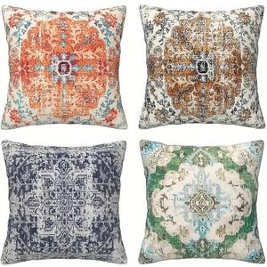 4pcs Orange Blue Ethnic Boho Pillow Covers, Vintage Rust Coral Floral Decorative Pillow Cases for Living Room Bedroom Bed Cushion Outdoor Home Decor, 18x18 Pillows Linen Pillowcase