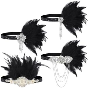 Patelai 4 Pcs Vintage 1920s Flapper Headband Rhinestone Flapper Headpiece Roaring 20s Accessories for Women Mardi Gras Outfit (Black)