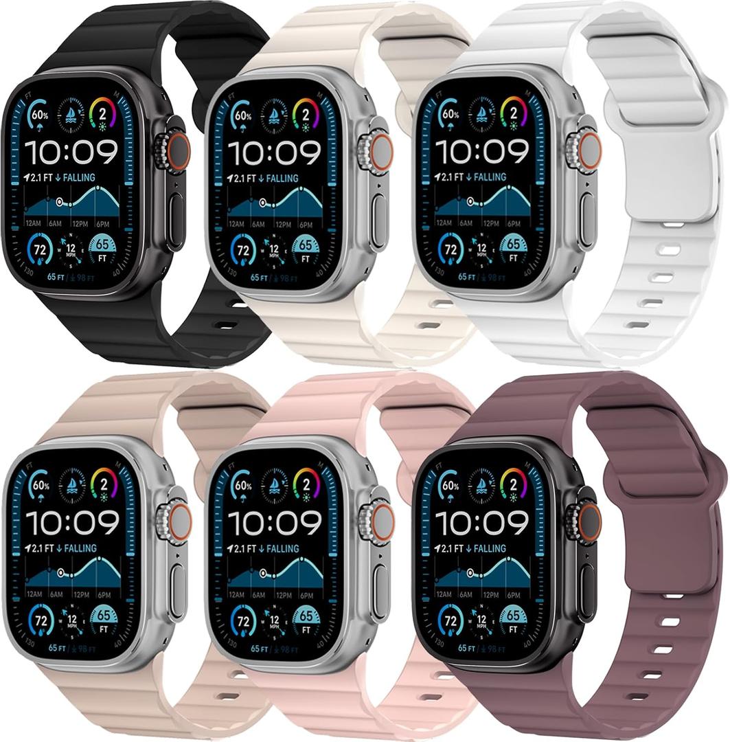 6 Pack Sport Bands for Apple Watch Ultra/3/2 Band 49mm 46mm 45mm 44mm 42mm 41mm 40mm 38mm iWatch Bands for Men Women,Waterproof Silicone Strap Wristband for Apple Watch Series 11 10 9 8 7 6 5 4 SE 3/2