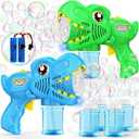 Kids Bubble Gun 2 Pack Dino Bubble Machine Gun for Toddlers with 4 Solutions Automatic 13-Hole Bubbles for Kids Blower Maker Easter Basket Essentials Stocking Stuffers Gift Party Favors for Boys Girls (2pcs-blue+green)