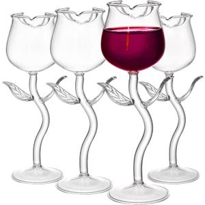 Set of 4 Rose Cocktail Glass, Flower Red Wine Glass, Clear Rose Goblet Glasses, Stem Champagne Flutes Drinkware for Mother's Day Gift, Wedding, Party, Dinner, Birthday