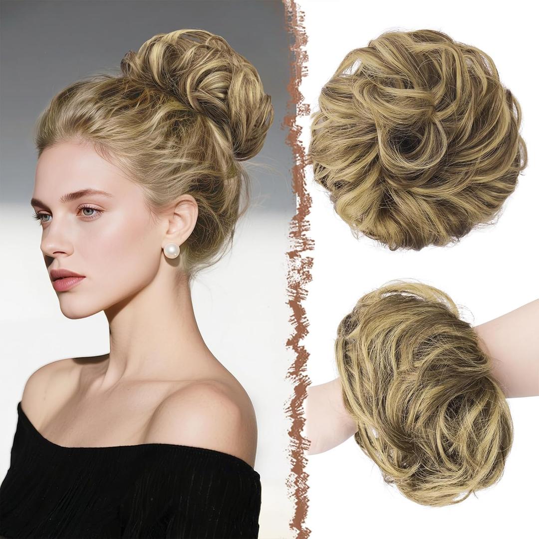FESHFEN Large Messy Bun Hair Piece - Wavy Synthetic Chignon Scrunchies Elastic Ponytail Hair Extensions Thick Hairpieces for Women, Ash Brown & Blonde 1.94oz