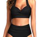 Tempt Me Women Two Piece Vintage Swimsuit Retro Halter Ruched High Waist Bikini with Bottom (XX-Small, Black 1)