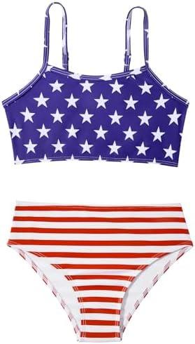 Zando Teen Girls Red White and Blue 2 Piece 4th of July Swimsuit Size 14-15 Years - Ribbed High Waisted Adjustable Strap Without Padding Bikini Sets Sport American Flag Bathing Suit for Beach Wear