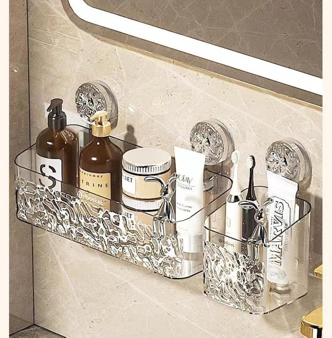 Glacier Pattern Suction Cup Shelf - Stylish Shower Caddy with Convenient Soap Dispenser Elegant and Functional (Large, White)