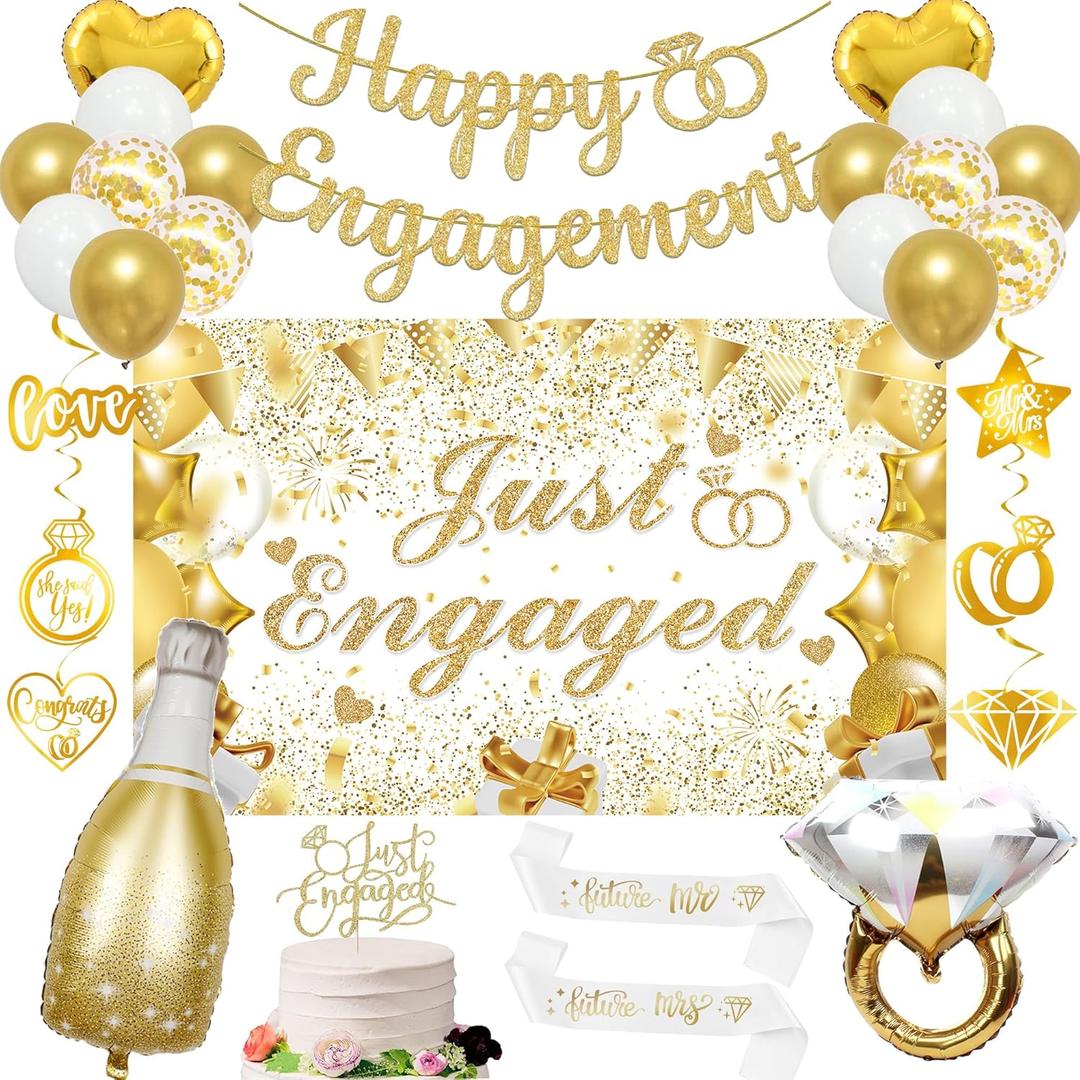 Vlipoeasn Gold Engagement Party Decorations for Couple, Just Engaged Backdrop Banner, Cake Topper, Honeycomb, Hanging Swirls