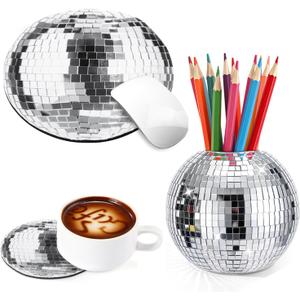 Teenyyou 4 Inch Disco Ball Pen Holder 8 Inch Silver Disco Ball Mouse Pad 4 In Coasters for Desk Accessories Decor Makeup Brush Holder Organizer Pencil Cup Flower Vase for Office Classroom Home Decor
