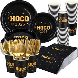 175 Pcs HOCO Party Supplies Homecoming decorations 2025 Plates and Napkins Set Black Gold 2025 HOCO Tableware Serve 25 Guest Homecoming Disposable Dinnerware for School Celebration Supplies