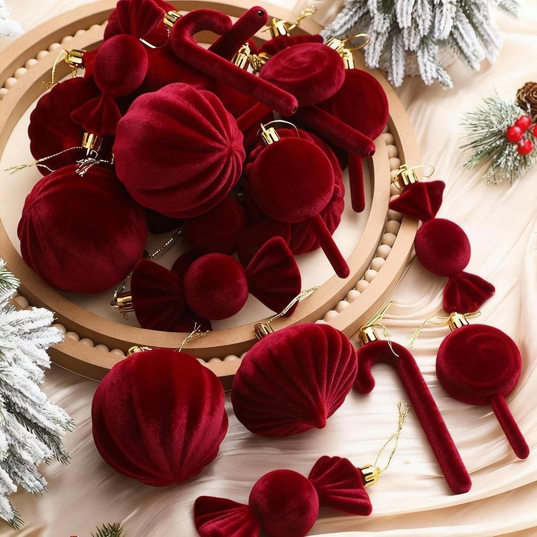 Peryiter 24 Pcs Red Flocked Candy Ornaments Burgundy Velvet Ornaments for Christmas Tree Hanging Decoration Candy Cane Red Xmas Balls Lollipop Tree Decoration for Home Festival Holiday Decor Gifts
