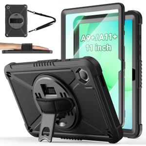 ZtotopCases for Samsung Galaxy Tab A11+ Plus/A9+ 11-Inch 2025/2023, Shockproof Hard Duty Case with Screen Protector+360 Rotating Hand Strap & Stand+Shoulder Strap for Tab A11+/A9 Plus Tablet, Black