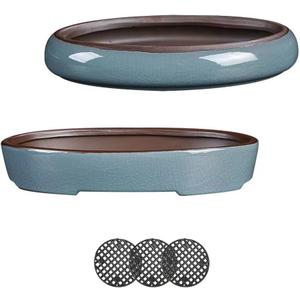 (10 Inch 2 Piece Set Water Glaze Blue Succulent Platter Bonsai Tree Ceramic Flower Pot Handmade (Excluding Plants)
