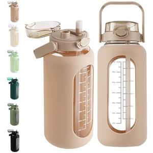 SIEROZUR 64oz Glass Water Bottle with Straw and Handle Lid Half Gallon Motivational Glass Bottle with Silicone Sleeve and Time Marker Large Reusable Sports Water Jug for Gym Home Workout