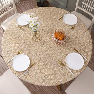 Walrus Round Vinyl Fitted Tablecloth with Flannel Backing Elastic Edge Design Table Cover Waterproof Oil-Proof PVC Table Cloth Stain-Resistant Best for 57"-66" Round (Weave)