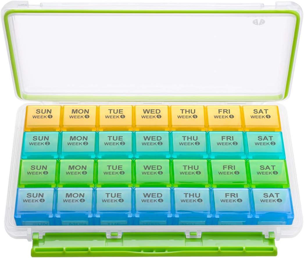 BUG HULL Monthly Pill Organizer, Moisture-Proof Large 28 Days Pill Box with Removable 4 Weeks Pill Case Rows, Medicine Pill Organizer, Travel Pills Organizer with One Month Pill Container for Vitamin