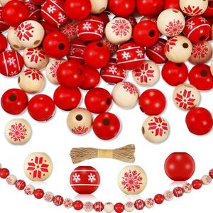 Jetec 120 Pieces 0.6 Inch Christmas Wooden Beads for Crafts Red White Snowflake Wood Beads with 65.6 Feet Twine Natural Round Bead with Hole for Xmas Valentine Saint Patrick Party Decor