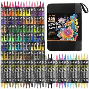 NICETY 128 Acrylic Paint Markers, Dual Tip Brush Paint Pens for Rock Painting, Wood, Glass, Stone, Canvas, Ceramic, Fabric - Fine & Brush Tip Water Based Acrylic Markers Pens