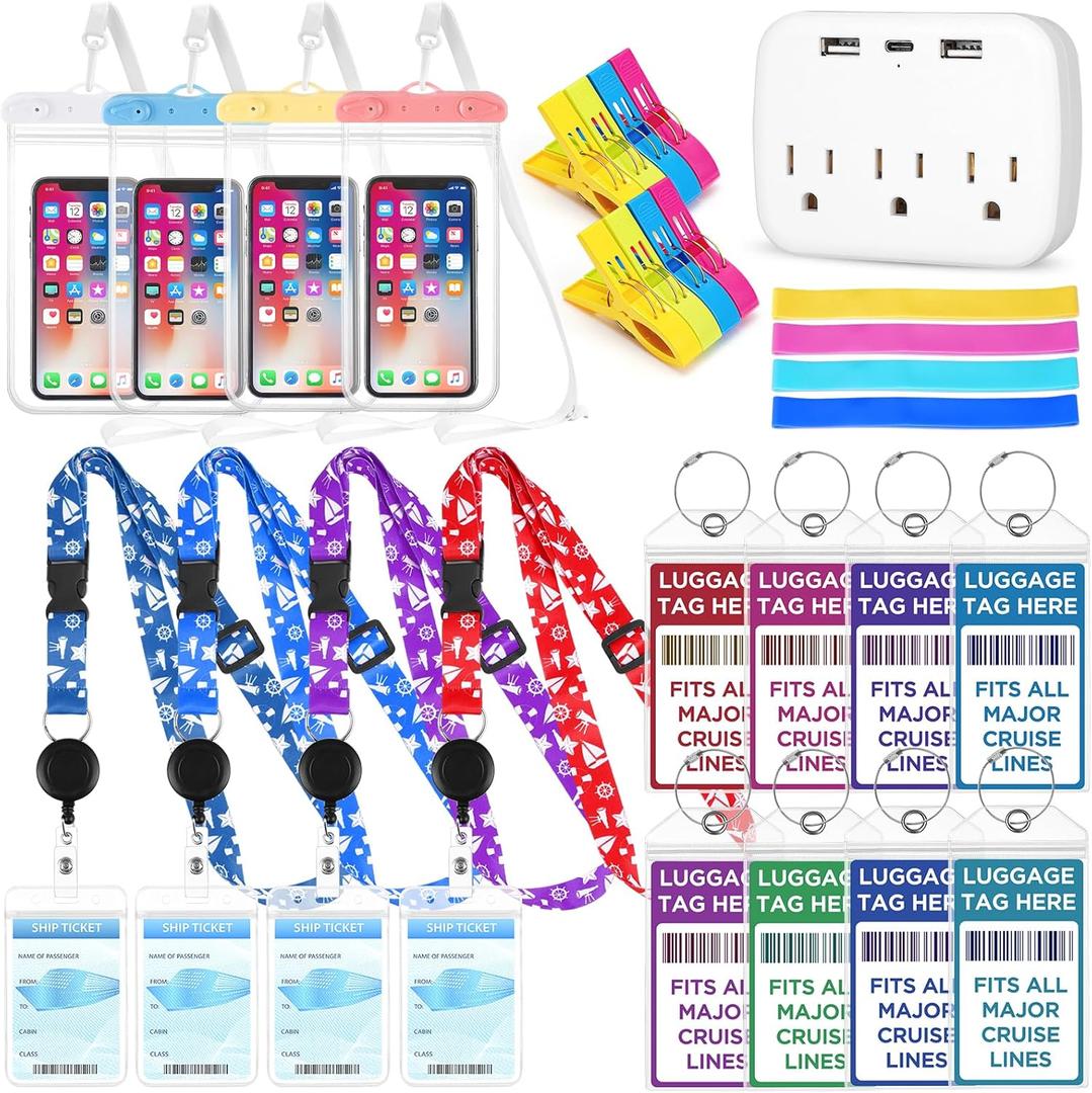 Cruise Essentials 2026,Travel Essentials Ship Essentials Kit Include Cruise Luggage Tags Holder,Cruise Lanyards,Cruise Power Strip,Towel Bands and Clips,Waterproof Phone Bags for All Cruise Lines